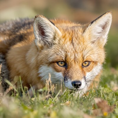Nahaufnahme eines Fuchses, der im Gras lauernd schaut